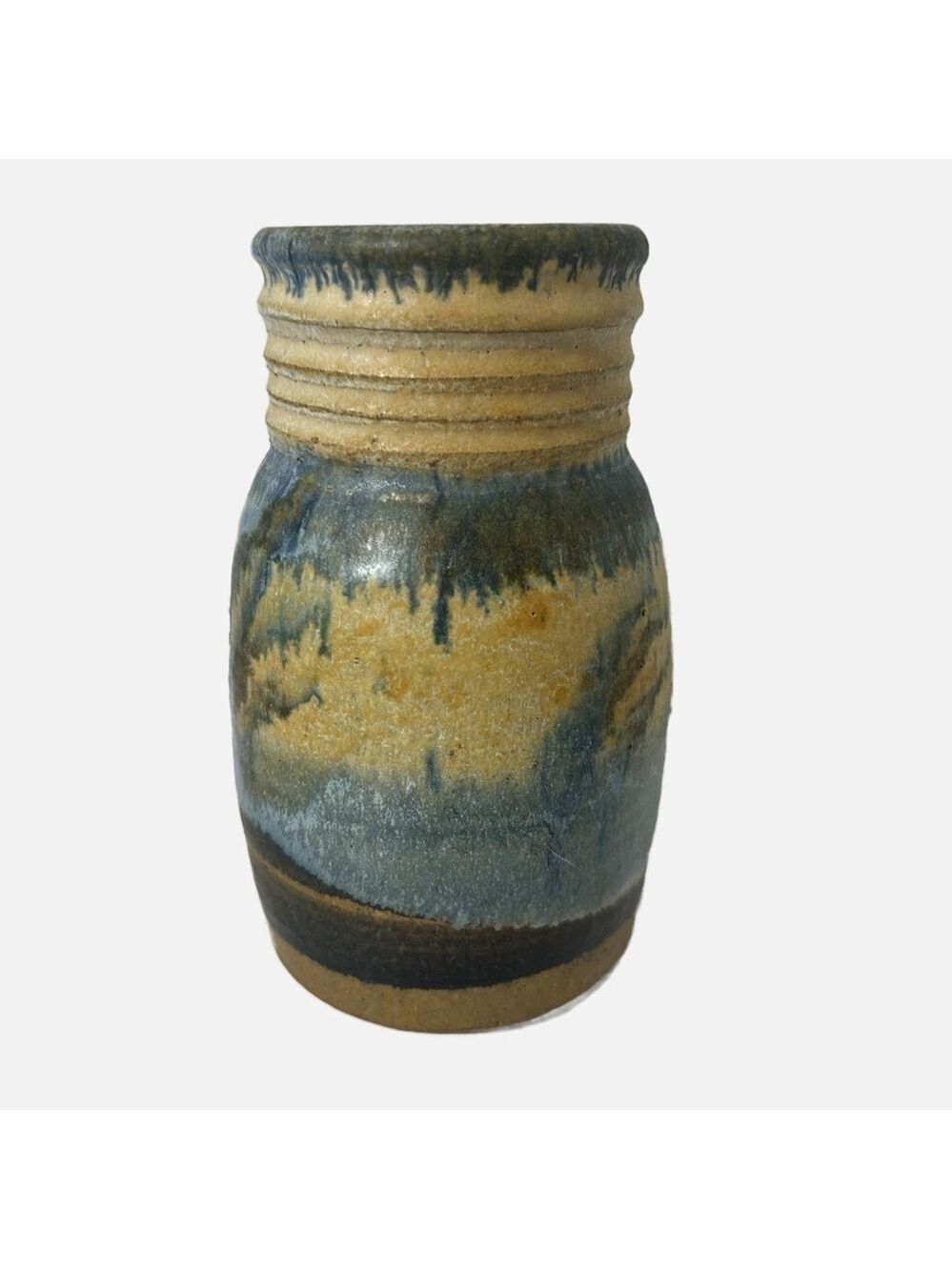 Vintage Art Studio Pottery Hand thrown Vase Ribbed Neck Abstract Blue Brown